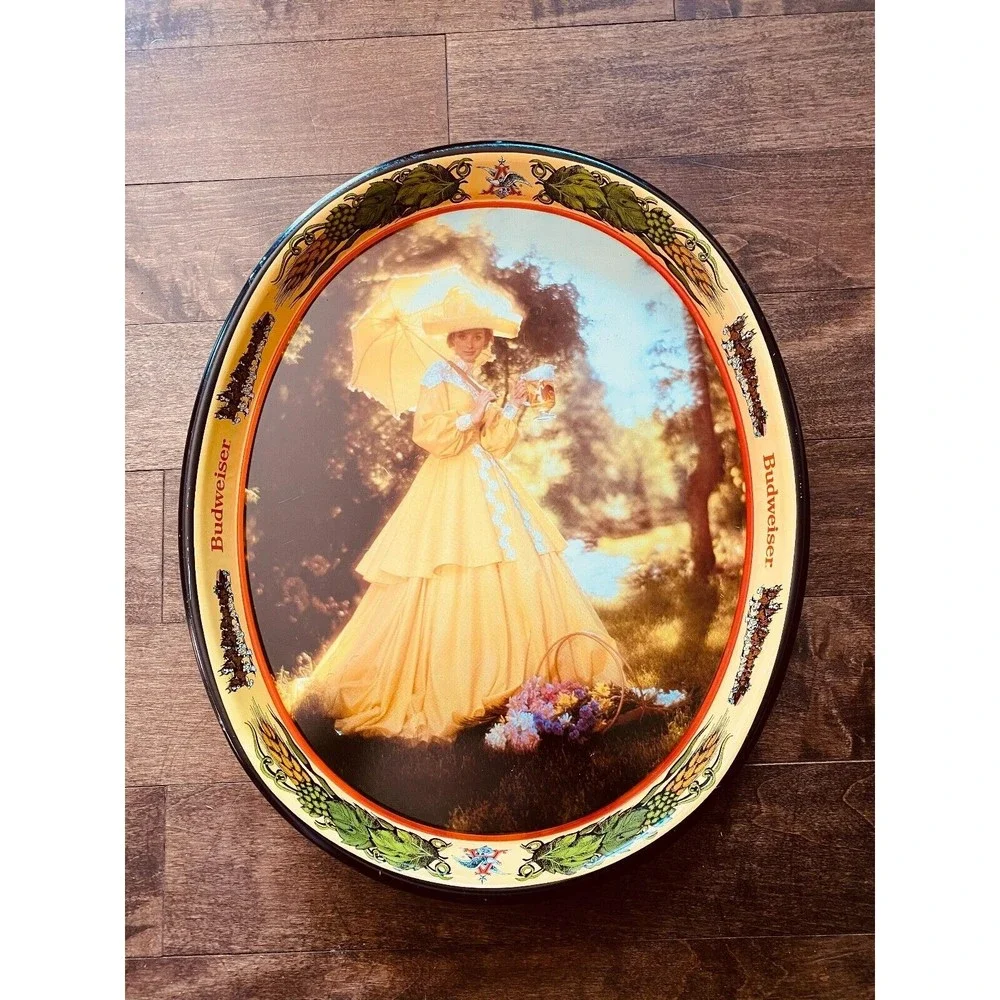 Budweiser Beer Serving Tray - 1982 Woman In Yellow Dress - VINTAGE